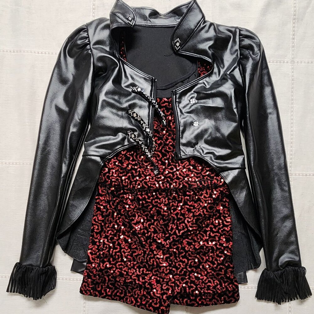 Tenth House Black Faux Leather Jacket and Red Sequin Unitard Dance Costume MC